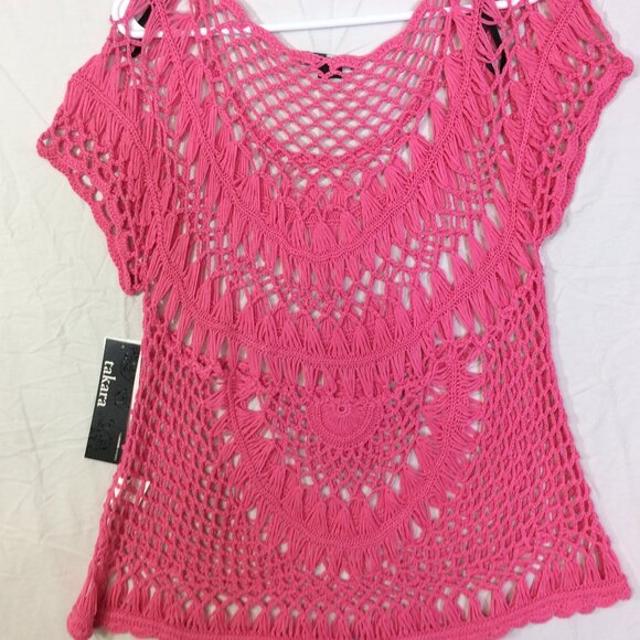 Takara Women Swimsuit Cover Up Top Pink Size Large BOHO Open Weave NWT - Picture 8 of 8